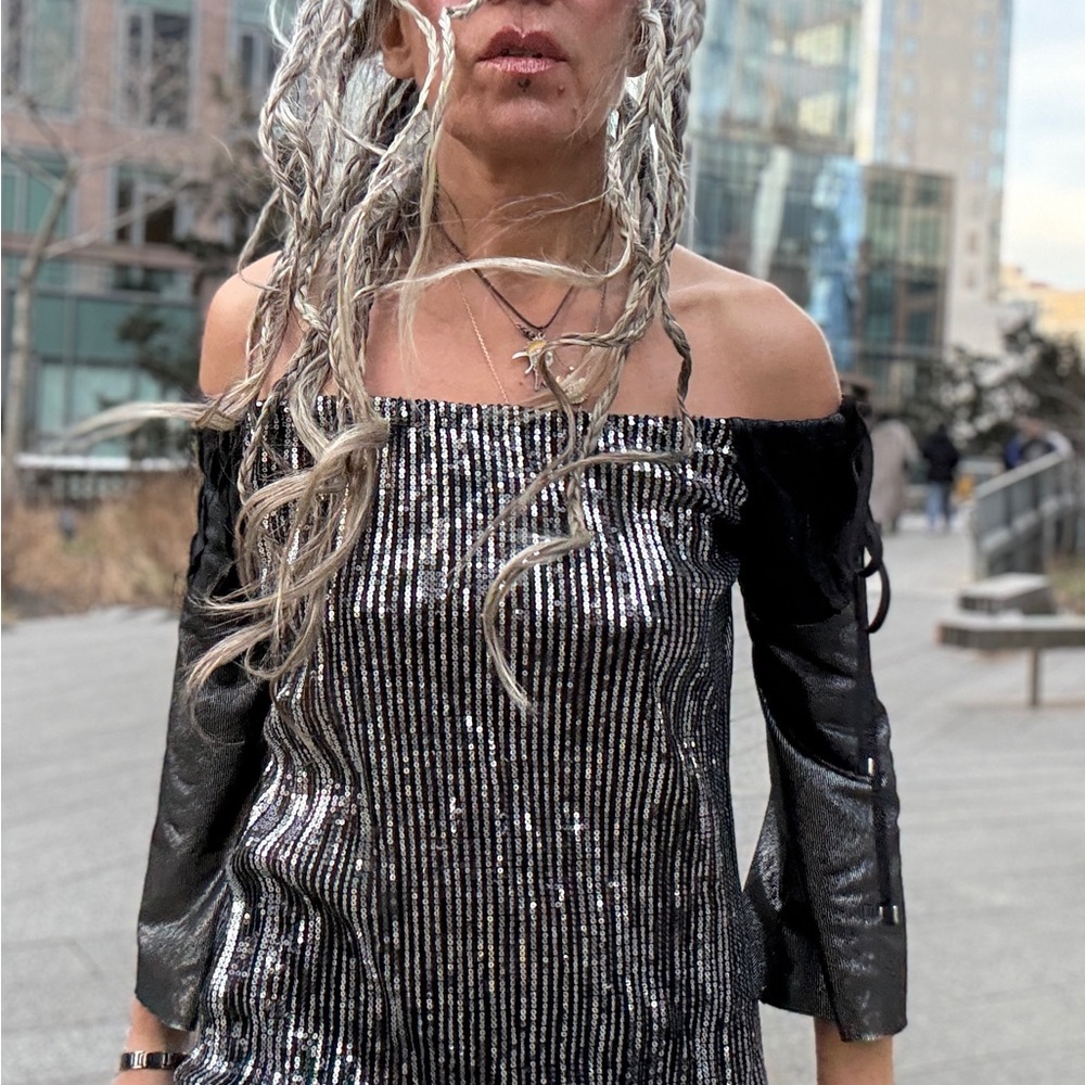 Black and Silver Off-Shoulder Mini Dress